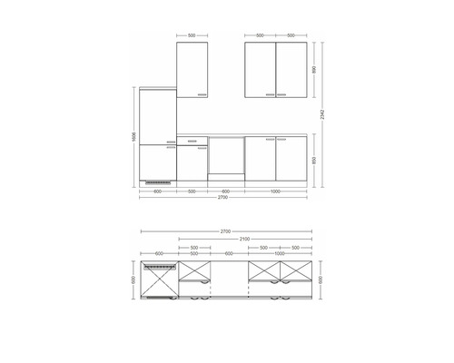 Skizze einer Küchenzeile mit Maßen für die Küchenplanung