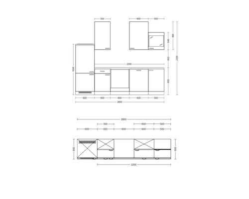 Technische Zeichnung einer Küchenzeile mit Maßen.