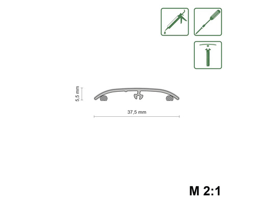 Illustration eines Abdichtprofils mit den Maßen 37,5 mm Breite und 5,5 mm Höhe, zusammen mit Werkzeugsymbolen.