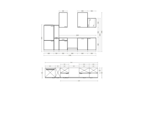Dimensionszeichnung einer Küchenzeile mit Hängeschränken, Unterschränken und Arbeitsplatte.