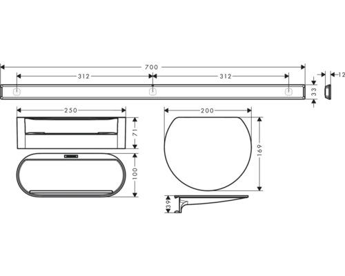 Technische Zeichnung eines Badezimmersets mit Waschbecken, Spiegel und Toilette mit Maßen