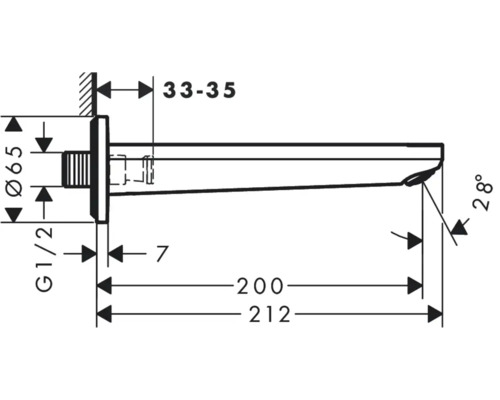 Technische Zeichnung eines Wandauslaufs mit Maßangaben