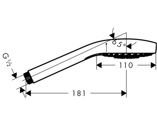 Technische Zeichnung einer Handbrause mit Maßangaben