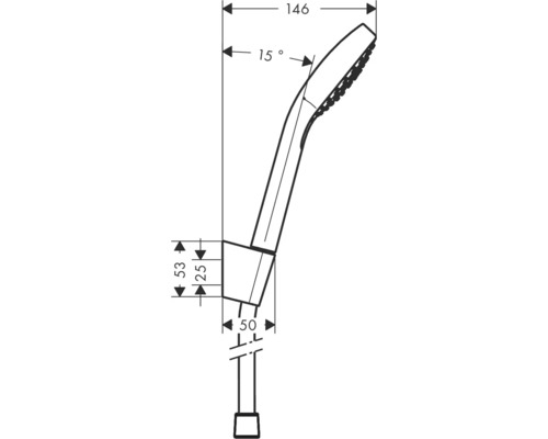 Technische Zeichnung einer Handbrause mit Maßangaben