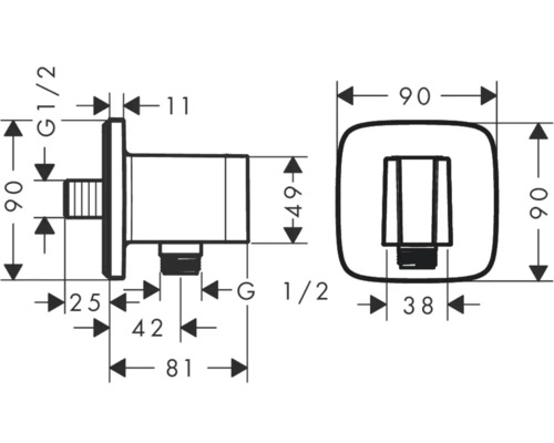 Technische Zeichnung eines Eckventils mit Maßangaben