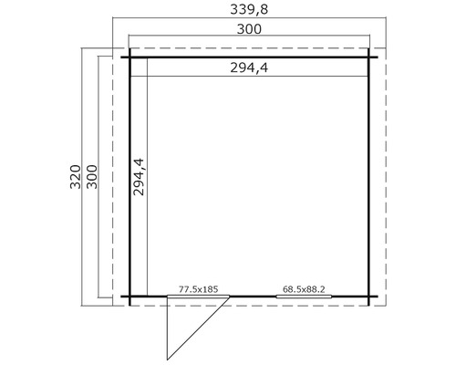 Grundrisszeichnung eines Gartenhauses mit Maßangaben