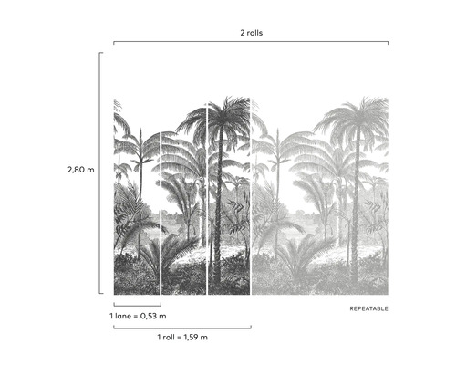 Tapete mit Palmenmuster und Größenangaben