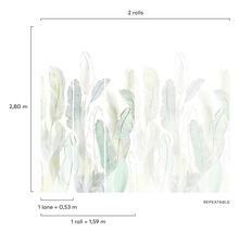 Tapetenmuster mit Federdesign und Größenangaben