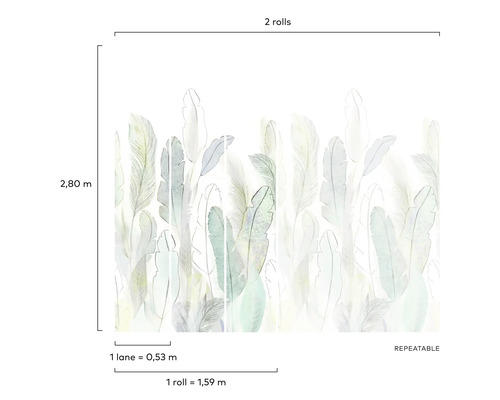 Tapetenmuster mit Federdesign und Größenangaben