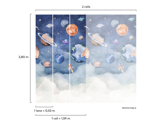 Weltraum Tapete mit Planeten, Sternen und Raumschiffen, zwei Rollen