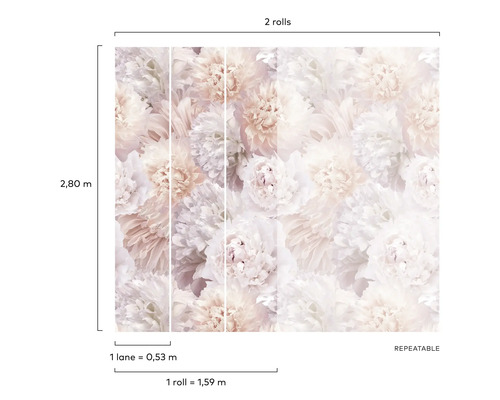 Tapete mit Blumenmuster und Dimensionsangaben