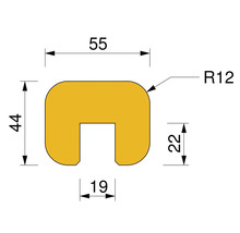 Technische Zeichnung eines Profils mit Maßangaben: 55 mm Breite, 44 mm Höhe, 19 mm Einschnitt und einem Radius von 12 mm.