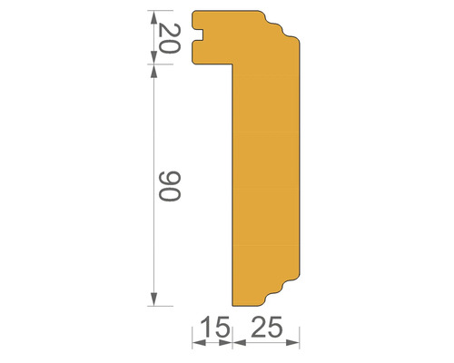 Abbildung einer Holzleiste mit den Maßen 90 x 20 mm und einer Breite von 15 bis 25 mm