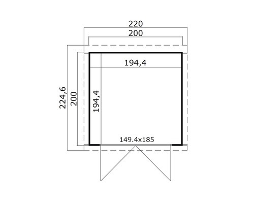 Grundrisszeichnung eines Gartenhauses mit Maßangaben.