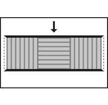 Darstellung eines Schiebetürsystems mit vertikalen und horizontalen Lamellen sowie einem Pfeil nach unten.