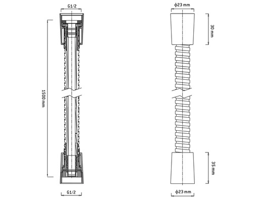 Technische Zeichnung eines Siphon-Verlängerungsrohrs mit den Maßen 1500 mm Länge und G1/2 Anschluss