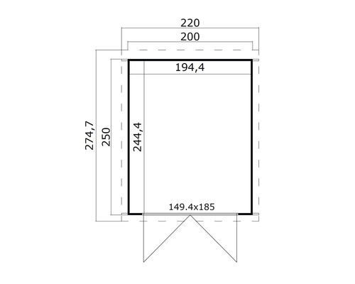 Technische Zeichnung eines Gartenhauses mit Maßangaben