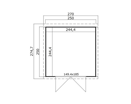 Grundriss eines Gartenhauses mit Maßangaben.