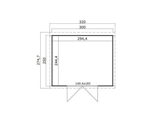 Grundrisszeichnung eines Gartenhauses mit Maßangaben