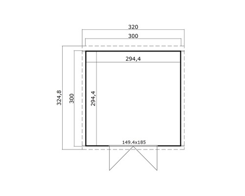 Grundrisszeichnung mit Maßangaben für ein Gartenhaus.
