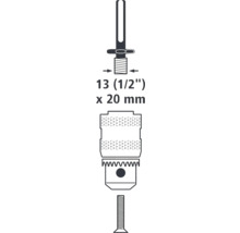 Darstellung eines Bohrfutter mit den Maßen 13 (1/2 Zoll) mal 20 Millimeter.
