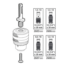 Bohrfutter mit Aufsatz und Schraube sowie schematische Darstellungen verschiedener Größen