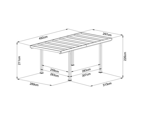 Abmessungen des Pavillons: 492 Zentimeter breit, 297 Zentimeter tief und 226 Zentimeter hoch