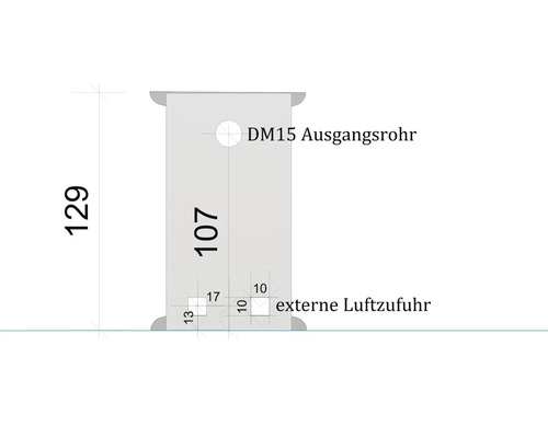 Technische Zeichnung eines Abluftrohrs mit den Maßen 129, 107, 17, 13 und 10 sowie der Beschriftung DM15 Ausgangsrohr und externe Luftzufuhr.