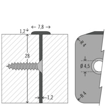 Technische Zeichnung eines T-Profils mit Schraube und Loch