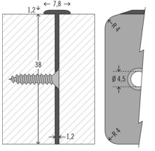Technische Zeichnung eines T-Profils mit Maßen und Schraube