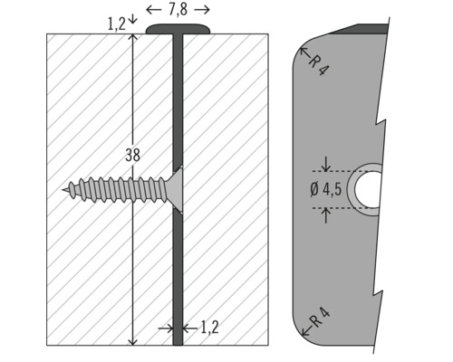 Technische Zeichnung eines T-Profils mit Maßen und Schraube