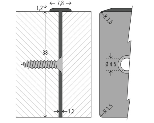 Technische Zeichnung eines T-Profils mit Schraube und Maßangaben