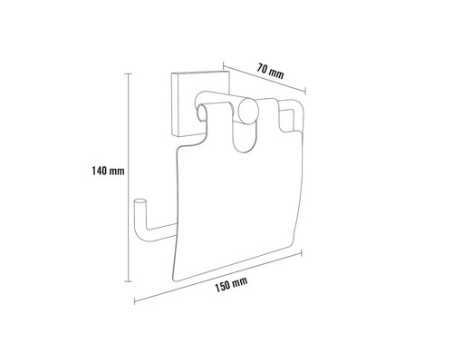 Technische Zeichnung eines Toilettenpapierhalters mit den Maßen 140 mm Höhe, 70 mm Breite und 150 mm Tiefe.