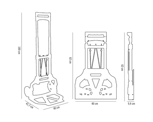 Technische Zeichnung einer Sackkarre mit Höhen- und Breitenangaben