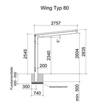 Technische Zeichnung einer Überdachung vom Typ Wing 80 mit Maßangaben