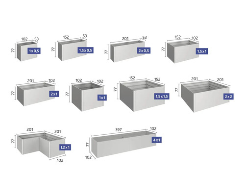 Verschiedene Pflanzkasten Größen mit Maßangaben