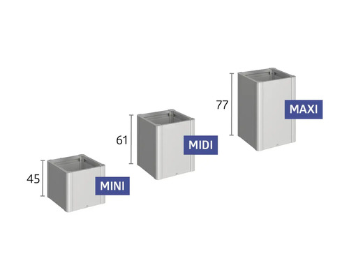 Pflanzgefäße in drei Größen: Mini, Midi und Maxi mit Höhenangabe