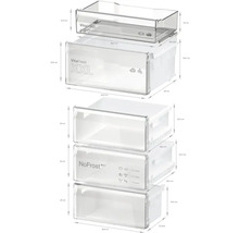 Mehrere Schubladen für einen Kühlschrank mit den Bezeichnungen VitaFresh und NoFrost sowie Größenangaben.