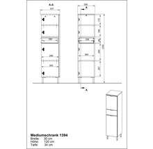 Technische Zeichnung eines Mediumschranks mit Maßen