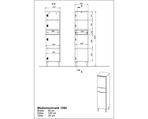 Technische Zeichnung eines Mediumschranks mit Maßen
