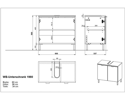 Technische Zeichnung Waschtischunterschrank mit Maßen