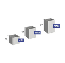 Drei Pflanzgefäße in den Größen Mini, Midi und Maxi mit Höhenangaben in Millimetern.