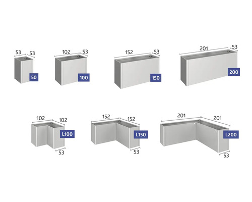 Verschiedene Pflanzkasten-Größen mit Maßangaben.