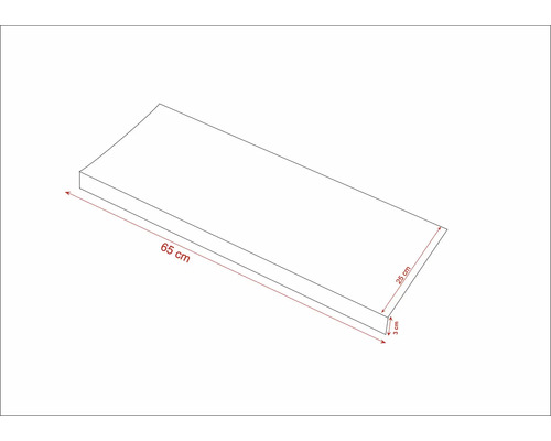 Schematische Darstellung eines Regalbords mit den Maßen 65 cm Länge, 25 cm Breite und 3 cm Dicke.