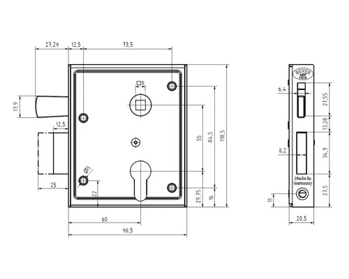 Technische Zeichnung eines Einsteckschlosses mit Maßangaben