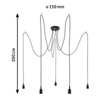 Pendelleuchte mit fünf Lampen und einer Höhe von 200 cm sowie einem Durchmesser von 150 mm.