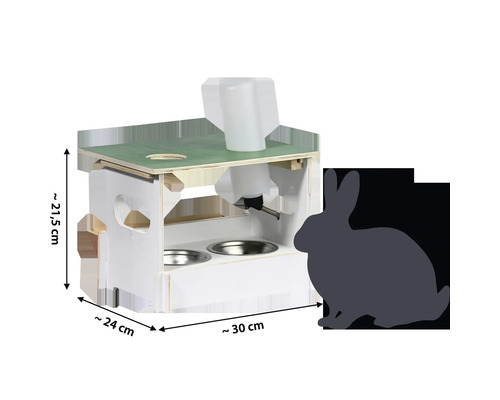 Hasenstall mit Futterstation und Wasserflasche mit Größenangaben