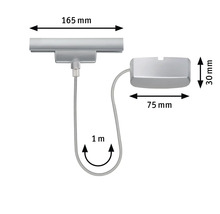 Abbildung der Maße einer Möbelleuchte: 165 mm breit, 30 mm hoch, 75 mm tief, 1 Meter Kabellänge