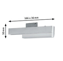 Chromfarbene Wandleuchte mit Maßangaben 166 x 36 Millimeter und 50 Millimeter Höhe.