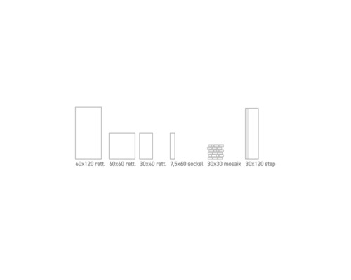 Verschiedene Fliesengrößen: 60x120, 60x60, 30x60, 7,5x60, 30x30 und 30x120 cm